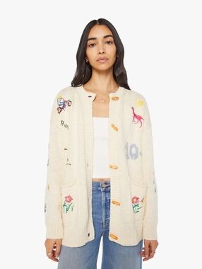 MOTHER The Long Drop Cardigan - Cream with Pastel Embroidered Motifs Size xL